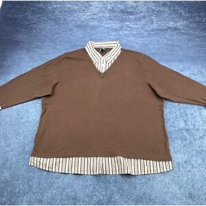 Jason Maxwell Woman Brown 2-in-1 Layered Look Striped Collar Sweater Top 2X